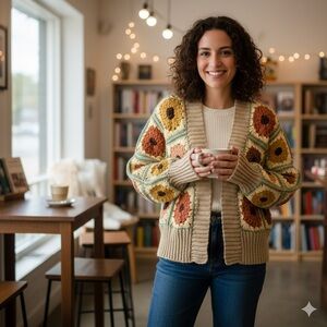 HANDMADE Chunky Knit Granny Square Floral Patchwork Sweater - Multicolor